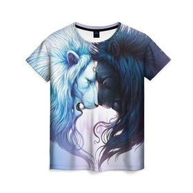 Женская футболка 3D с принтом Lions love в Белгороде, 100% полиэфир ( синтетическое хлопкоподобное полотно) | прямой крой, круглый вырез горловины, длина до линии бедер | love | день | лев | львиное сердце | любовь | ночь | сердце