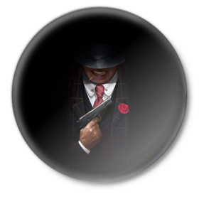 Значок с принтом Mafia в Белгороде,  металл | круглая форма, металлическая застежка в виде булавки | gangster | gun | gungster | illustration | mafia | арт | галстук | гангстер | гвоздика | зубы | костюм | крестный отец | мафия | минимализм | оружие | пистолет | пуля | темный | черный | шляпа