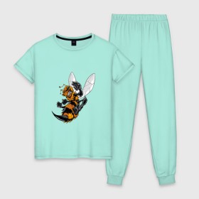 Женская пижама хлопок с принтом Злая оса в Белгороде, 100% хлопок | брюки и футболка прямого кроя, без карманов, на брюках мягкая резинка на поясе и по низу штанин | арт | жалит | жало | злая | насекомое | оса | полосатая | пчела