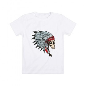 Детская футболка хлопок с принтом Череп индейца в Белгороде, 100% хлопок | круглый вырез горловины, полуприлегающий силуэт, длина до линии бедер | голова | индеец | кость | скальп | скальпель | ужасы | хоррор | череп | черепок
