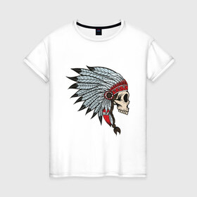 Женская футболка хлопок с принтом Череп индейца в Белгороде, 100% хлопок | прямой крой, круглый вырез горловины, длина до линии бедер, слегка спущенное плечо | голова | индеец | кость | скальп | скальпель | ужасы | хоррор | череп | черепок