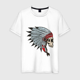 Мужская футболка хлопок с принтом Череп индейца в Белгороде, 100% хлопок | прямой крой, круглый вырез горловины, длина до линии бедер, слегка спущенное плечо. | голова | индеец | кость | скальп | скальпель | ужасы | хоррор | череп | черепок