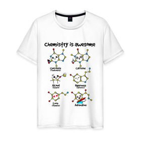 Мужская футболка хлопок с принтом Chemistry is awesome в Белгороде, 100% хлопок | прямой крой, круглый вырез горловины, длина до линии бедер, слегка спущенное плечо. | adrenaline | alcohol | caffeine | chocolate | happiness | love | адреналин | атомы | кофеин | любовь | молекулы | потрясающая. наука | связи | счастье | удивительная | химия | шоколад