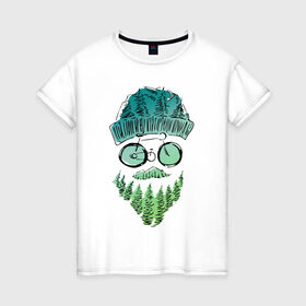 Женская футболка хлопок с принтом Mountain man в Белгороде, 100% хлопок | прямой крой, круглый вырез горловины, длина до линии бедер, слегка спущенное плечо | борода | велосипед | горы | лес | лицо | очки | путешествия | турист | усы | шапка