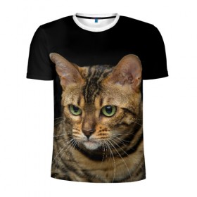 Мужская футболка 3D спортивная с принтом Бенгальский кот в Белгороде, 100% полиэстер с улучшенными характеристиками | приталенный силуэт, круглая горловина, широкие плечи, сужается к линии бедра | Тематика изображения на принте: bengal cat | cat | бенгальская кошка | бенгальский | кот | котик | коты | кошки