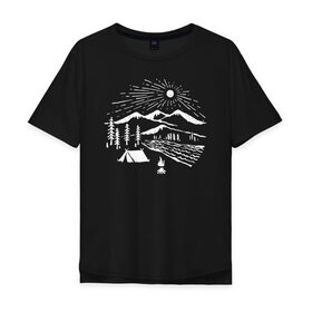 Мужская футболка хлопок Oversize с принтом Поход в Белгороде, 100% хлопок | свободный крой, круглый ворот, “спинка” длиннее передней части | горы | костёр | лес | озеро | палатка | приключения | природа | путешествие | речка | солнце | турист