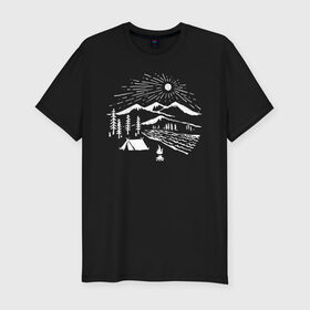 Мужская футболка премиум с принтом Поход в Белгороде, 92% хлопок, 8% лайкра | приталенный силуэт, круглый вырез ворота, длина до линии бедра, короткий рукав | горы | костёр | лес | озеро | палатка | приключения | природа | путешествие | речка | солнце | турист