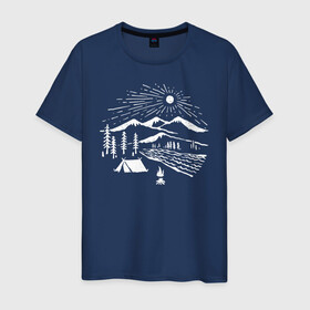 Мужская футболка хлопок с принтом Поход в Белгороде, 100% хлопок | прямой крой, круглый вырез горловины, длина до линии бедер, слегка спущенное плечо. | горы | костёр | лес | озеро | палатка | приключения | природа | путешествие | речка | солнце | турист