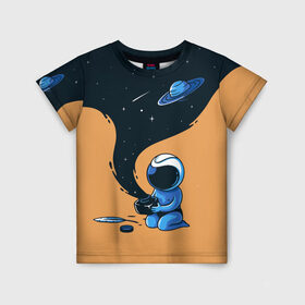 Детская футболка 3D с принтом Космонавт и чернила в Белгороде, 100% гипоаллергенный полиэфир | прямой крой, круглый вырез горловины, длина до линии бедер, чуть спущенное плечо, ткань немного тянется | nasa | астронавт | астрономия | вселенная | звёзды | комета | космос | перо | планеты | скафандр | чернильница