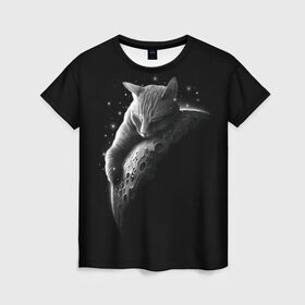 Женская футболка 3D с принтом Спящий Кот на Луне в Белгороде, 100% полиэфир ( синтетическое хлопкоподобное полотно) | прямой крой, круглый вырез горловины, длина до линии бедер | вселенная | звезды | космос | котейка | котенок | котэ | котя | лапочка | луна | милый | мимими | ночь | прелесть | сон | спутник