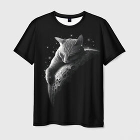Мужская футболка 3D с принтом Спящий Кот на Луне в Белгороде, 100% полиэфир | прямой крой, круглый вырез горловины, длина до линии бедер | вселенная | звезды | космос | котейка | котенок | котэ | котя | лапочка | луна | милый | мимими | ночь | прелесть | сон | спутник
