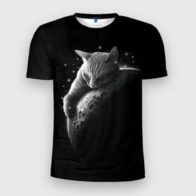 Мужская футболка 3D спортивная с принтом Спящий Кот на Луне в Белгороде, 100% полиэстер с улучшенными характеристиками | приталенный силуэт, круглая горловина, широкие плечи, сужается к линии бедра | вселенная | звезды | космос | котейка | котенок | котэ | котя | лапочка | луна | милый | мимими | ночь | прелесть | сон | спутник