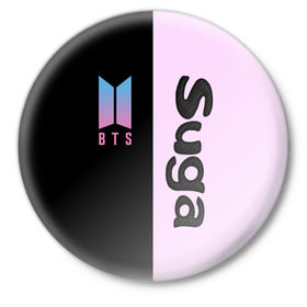 Значок с принтом BTS Suga в Белгороде,  металл | круглая форма, металлическая застежка в виде булавки | bts | suga | бтс | группа | корейская | музыка | розовый | цветы | черный