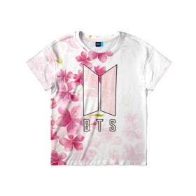 Детская футболка 3D с принтом BTS в Белгороде, 100% гипоаллергенный полиэфир | прямой крой, круглый вырез горловины, длина до линии бедер, чуть спущенное плечо, ткань немного тянется | bts | бтс | группа | корейская | музыка | розовый | цветы