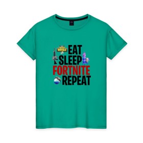 Женская футболка хлопок с принтом Eat Sleep Fortnite Repeat в Белгороде, 100% хлопок | прямой крой, круглый вырез горловины, длина до линии бедер, слегка спущенное плечо | 