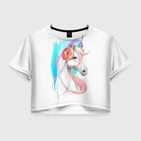 Женская футболка 3D укороченная с принтом Music Unicorn Art в Белгороде, 100% полиэстер | круглая горловина, длина футболки до линии талии, рукава с отворотами | волшебный | единорог | единорожик | единорожка | магия | музыка | пончик | пончики
