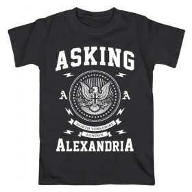 Мужская футболка хлопок с принтом Asking Alexandria в Белгороде, 100% хлопок | прямой крой, круглый вырез горловины, длина до линии бедер, слегка спущенное плечо. | Тематика изображения на принте: asking alexandria | аскинг александриа | группы | метал | музыка | рок | хэви метал | электроникор