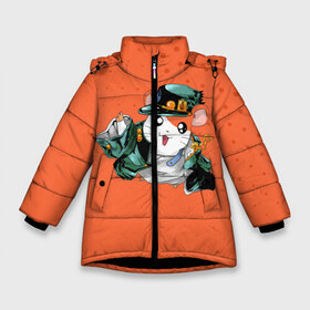 Зимняя куртка для девочек 3D с принтом JOJO Bizzare Adventure в Белгороде, ткань верха — 100% полиэстер; подклад — 100% полиэстер, утеплитель — 100% полиэстер. | длина ниже бедра, удлиненная спинка, воротник стойка и отстегивающийся капюшон. Есть боковые карманы с листочкой на кнопках, утяжки по низу изделия и внутренний карман на молнии. 

Предусмотрены светоотражающий принт на спинке, радужный светоотражающий элемент на пуллере молнии и на резинке для утяжки. | Тематика изображения на принте: adventure | anime | bizzare | jo jo | jojo | logo | manga | аниме | араки | ахегао | джо | джо джо | джоджо | жижа | жожа | жожо | йойо | лого | манга | мульт | мультфильм | отаку | сериал | символ | хирохико | юри | яой
