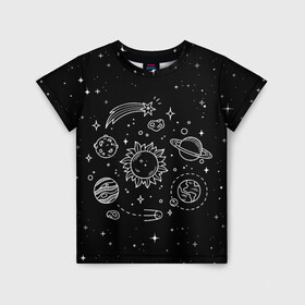 Детская футболка 3D с принтом Космос нарисованный  в Белгороде, 100% гипоаллергенный полиэфир | прямой крой, круглый вырез горловины, длина до линии бедер, чуть спущенное плечо, ткань немного тянется | nasa | астрономия | вселенная | галактика | звёзды | земля | комета | марс | метеорит | небо | планета | планеты | рисунок | сатурн | солнце | спутник | юпитер