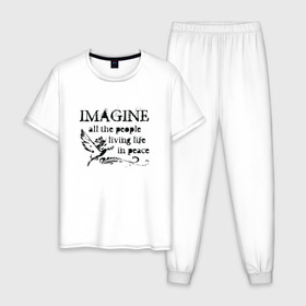 Мужская пижама хлопок с принтом Imagine в Белгороде, 100% хлопок | брюки и футболка прямого кроя, без карманов, на брюках мягкая резинка на поясе и по низу штанин
 | Тематика изображения на принте: john lennon | peace | the beatles