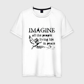 Мужская футболка хлопок с принтом Imagine в Белгороде, 100% хлопок | прямой крой, круглый вырез горловины, длина до линии бедер, слегка спущенное плечо. | Тематика изображения на принте: john lennon | peace | the beatles