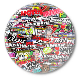 Значок с принтом Cars Stickerbombing в Белгороде,  металл | круглая форма, металлическая застежка в виде булавки | stickerbombing | авто | автомобили | марки | надписи | стикербомбинг | стикеры