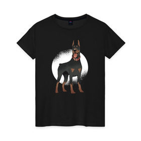 Женская футболка хлопок с принтом Доберман в Белгороде, 100% хлопок | прямой крой, круглый вырез горловины, длина до линии бедер, слегка спущенное плечо | doberman | dobermann | dog | доберман | собака | собаки