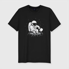 Мужская футболка премиум с принтом Как Согреться на Луне в Белгороде, 92% хлопок, 8% лайкра | приталенный силуэт, круглый вырез ворота, длина до линии бедра, короткий рукав | астронавт | вселенная | звезды | космонавт | космос | луна | планета | простуда | юмор