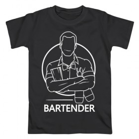 Мужская футболка хлопок с принтом Bartender в Белгороде, 100% хлопок | прямой крой, круглый вырез горловины, длина до линии бедер, слегка спущенное плечо. | bar | barman | bartender | бармен | бартендер | бутылки | виски | день бармена | мужчина | надпись | подарок бармену | рисунок | человек | шейкер