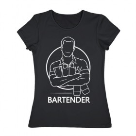 Женская футболка хлопок с принтом Bartender в Белгороде, 100% хлопок | прямой крой, круглый вырез горловины, длина до линии бедер, слегка спущенное плечо | bar | barman | bartender | бармен | бартендер | бутылки | виски | день бармена | мужчина | надпись | подарок бармену | рисунок | человек | шейкер