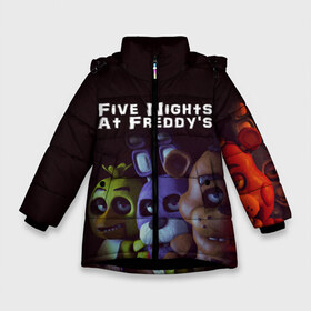 Зимняя куртка для девочек 3D с принтом Five Nights At Freddys в Белгороде, ткань верха — 100% полиэстер; подклад — 100% полиэстер, утеплитель — 100% полиэстер. | длина ниже бедра, удлиненная спинка, воротник стойка и отстегивающийся капюшон. Есть боковые карманы с листочкой на кнопках, утяжки по низу изделия и внутренний карман на молнии. 

Предусмотрены светоотражающий принт на спинке, радужный светоотражающий элемент на пуллере молнии и на резинке для утяжки. | five nights at freddys | foxy | аниматроники | игра | компьютерная игра | робот | фокси | фредди | чика