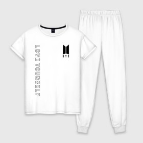 Женская пижама хлопок с принтом LOVE YOURSELF в Белгороде, 100% хлопок | брюки и футболка прямого кроя, без карманов, на брюках мягкая резинка на поясе и по низу штанин | bangtan boys | bt21 | bts | bts army | bts stickers | j hope | jimin | jin | jungkook | k pop | rap monster | rapmon | suga | v | бтс | корея | стикеры bts