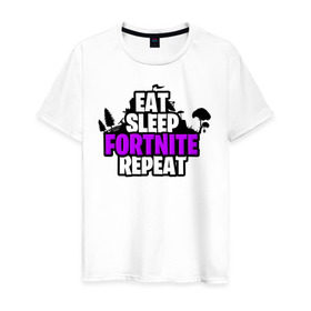 Мужская футболка хлопок с принтом Eat Sleep Fortnite Repeat в Белгороде, 100% хлопок | прямой крой, круглый вырез горловины, длина до линии бедер, слегка спущенное плечо. | eat | fortnite | game | gamer | repeat | sleep | twitch | игра | игрок | твич | форнайт | фортнайт