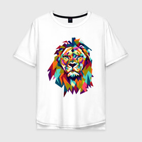Мужская футболка хлопок Oversize с принтом Lion в Белгороде, 100% хлопок | свободный крой, круглый ворот, “спинка” длиннее передней части | Тематика изображения на принте: cat | geometry | leo | lion | polygonal | wild | геометрия | дикий | животное | кот | лев | хищник | яркий