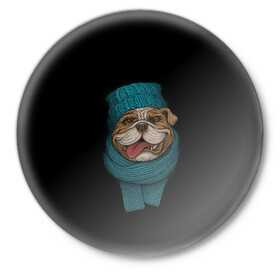 Значок с принтом Бульдог  в Белгороде,  металл | круглая форма, металлическая застежка в виде булавки | арт | бульдог | вязанный | зима | зимняя одежда | иллюстрация | пес | песик | псина | собака | шарф