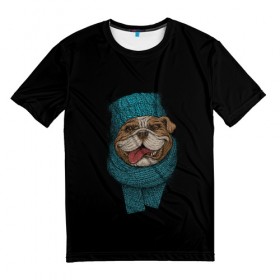 Мужская футболка 3D с принтом Бульдог в Белгороде, 100% полиэфир | прямой крой, круглый вырез горловины, длина до линии бедер | арт | бульдог | вязанный | зима | зимняя одежда | иллюстрация | пес | песик | псина | собака | шарф