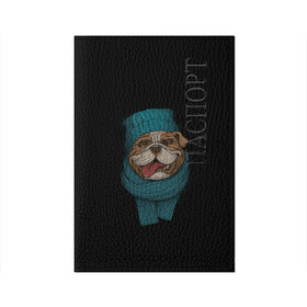 Обложка для паспорта матовая кожа с принтом Бульдог  в Белгороде, натуральная матовая кожа | размер 19,3 х 13,7 см; прозрачные пластиковые крепления | арт | бульдог | вязанный | зима | зимняя одежда | иллюстрация | пес | песик | псина | собака | шарф