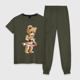 Женская пижама хлопок с принтом Nasty bear в Белгороде, 100% хлопок | брюки и футболка прямого кроя, без карманов, на брюках мягкая резинка на поясе и по низу штанин | медведь | мишка | плюшевый | селфи | тедди