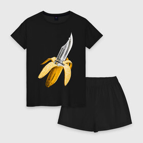 Женская пижама с шортиками хлопок с принтом BANANA в Белгороде, 100% хлопок | футболка прямого кроя, шорты свободные с широкой мягкой резинкой | banana | knife | pop art | банан | нож | оружие | поп арт