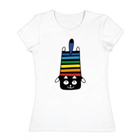 Женская футболка хлопок с принтом Rainbow cat в Белгороде, 100% хлопок | прямой крой, круглый вырез горловины, длина до линии бедер, слегка спущенное плечо | black | cat | cool | creative | dark | design | halloween | hype | kitten | rainbow | vanguard | авангард | дизайн | кот | котенок | кошка | креатив | круто | радуга | темный | хайп | хэллоуин | черный