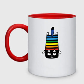Кружка двухцветная с принтом Rainbow cat в Белгороде, керамика | объем — 330 мл, диаметр — 80 мм. Цветная ручка и кайма сверху, в некоторых цветах — вся внутренняя часть | black | cat | cool | creative | dark | design | halloween | hype | kitten | rainbow | vanguard | авангард | дизайн | кот | котенок | кошка | креатив | круто | радуга | темный | хайп | хэллоуин | черный