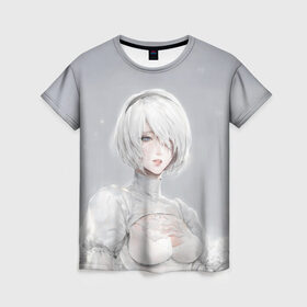 Женская футболка 3D с принтом YoRHa в Белгороде, 100% полиэфир ( синтетическое хлопкоподобное полотно) | прямой крой, круглый вырез горловины, длина до линии бедер | 2b | 9s | automata | game | nier | yorha | игра | ниа | нир | отомата