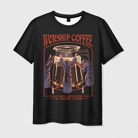 Мужская футболка 3D с принтом Worship Coffee в Белгороде, 100% полиэфир | прямой крой, круглый вырез горловины, длина до линии бедер | Тематика изображения на принте: 80 е | 80s | 90 е | 90s | oldschool | retro | retrowave | stranger thing | vintage | винтаж | олдскул | ретро | ретровейв | странные дела