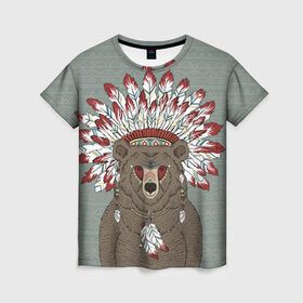 Женская футболка 3D с принтом Медведь индеец в Белгороде, 100% полиэфир ( синтетическое хлопкоподобное полотно) | прямой крой, круглый вырез горловины, длина до линии бедер | animal | bear | braids | feathers | in | взгляд | голова | графика | дикий | животное | индеец | ирокез | картинка | косы | красивый | крутой | лучший | медведь | мода | модный | молодёжная | орнамент | перья | природа