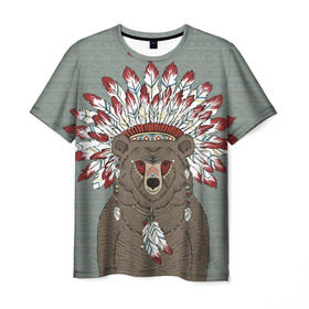 Мужская футболка 3D с принтом Медведь индеец в Белгороде, 100% полиэфир | прямой крой, круглый вырез горловины, длина до линии бедер | animal | bear | braids | feathers | in | взгляд | голова | графика | дикий | животное | индеец | ирокез | картинка | косы | красивый | крутой | лучший | медведь | мода | модный | молодёжная | орнамент | перья | природа