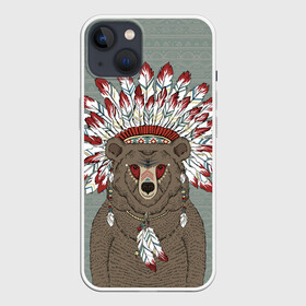 Чехол для iPhone 13 с принтом Медведь индеец в Белгороде,  |  | animal | bear | braids | feathers | in | взгляд | голова | графика | дикий | животное | индеец | ирокез | картинка | косы | красивый | крутой | лучший | медведь | мода | модный | молодёжная | орнамент | перья | природа