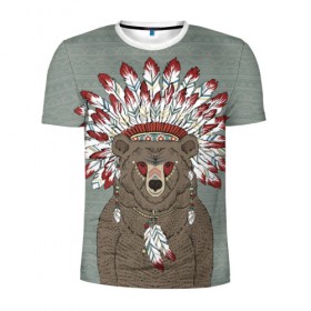 Мужская футболка 3D спортивная с принтом Медведь индеец в Белгороде, 100% полиэстер с улучшенными характеристиками | приталенный силуэт, круглая горловина, широкие плечи, сужается к линии бедра | animal | bear | braids | feathers | in | взгляд | голова | графика | дикий | животное | индеец | ирокез | картинка | косы | красивый | крутой | лучший | медведь | мода | модный | молодёжная | орнамент | перья | природа