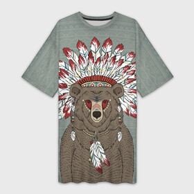 Платье-футболка 3D с принтом Медведь индеец в Белгороде,  |  | animal | bear | braids | feathers | in | взгляд | голова | графика | дикий | животное | индеец | ирокез | картинка | косы | красивый | крутой | лучший | медведь | мода | модный | молодёжная | орнамент | перья | природа