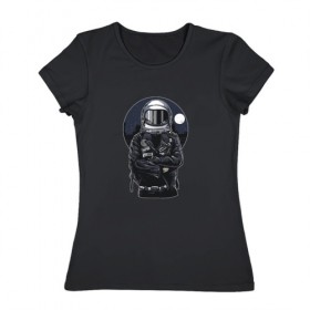 Женская футболка хлопок с принтом Biker Astronaut в Белгороде, 100% хлопок | прямой крой, круглый вырез горловины, длина до линии бедер, слегка спущенное плечо | астронавт | байкер | вселенная | звезды | космонавт | космос | косуха | крутой | луна | наса | рок | шлем