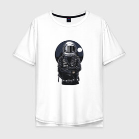 Мужская футболка хлопок Oversize с принтом Biker Astronaut в Белгороде, 100% хлопок | свободный крой, круглый ворот, “спинка” длиннее передней части | Тематика изображения на принте: астронавт | байкер | вселенная | звезды | космонавт | космос | косуха | крутой | луна | наса | рок | шлем